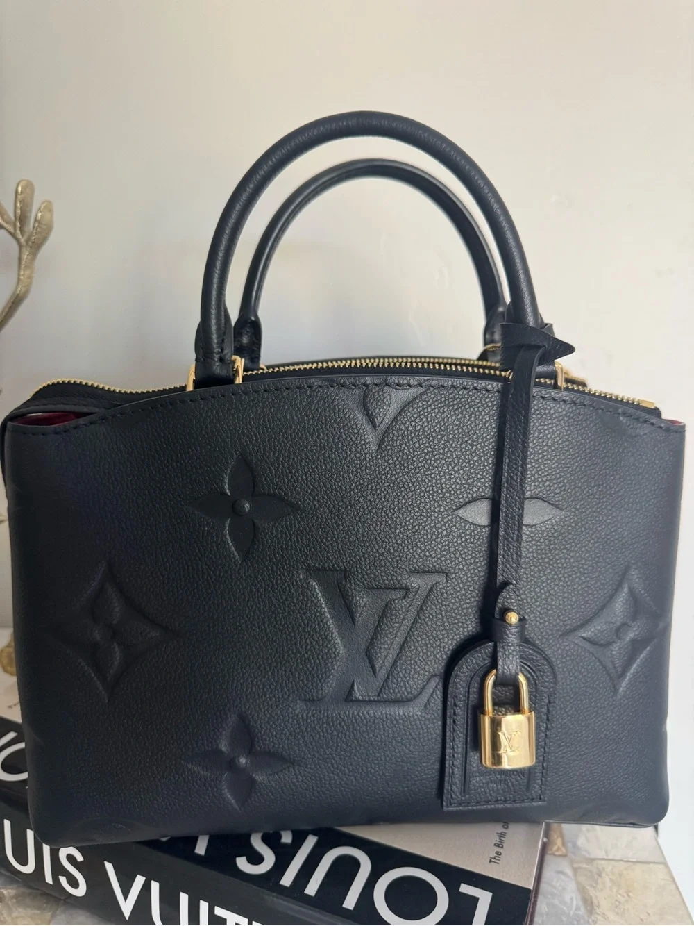 Louis Vuitton Black Embossed Monogram Satchel with Gold Hardware